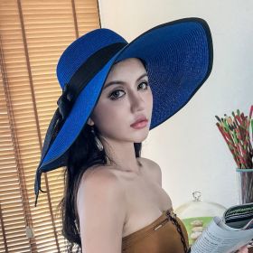 Women's Seaside Summer Vacation Foldable Sun Hat With Wide Brim (Option: Black Edge Sapphire Blue-Average Size)